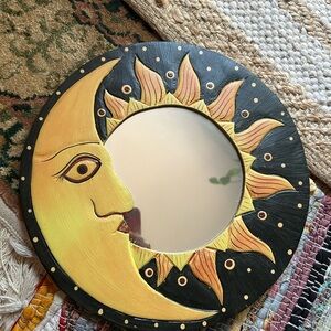 Vintage 90s Sun and Moon Wall Mirror - Black and Yellow 11.5"